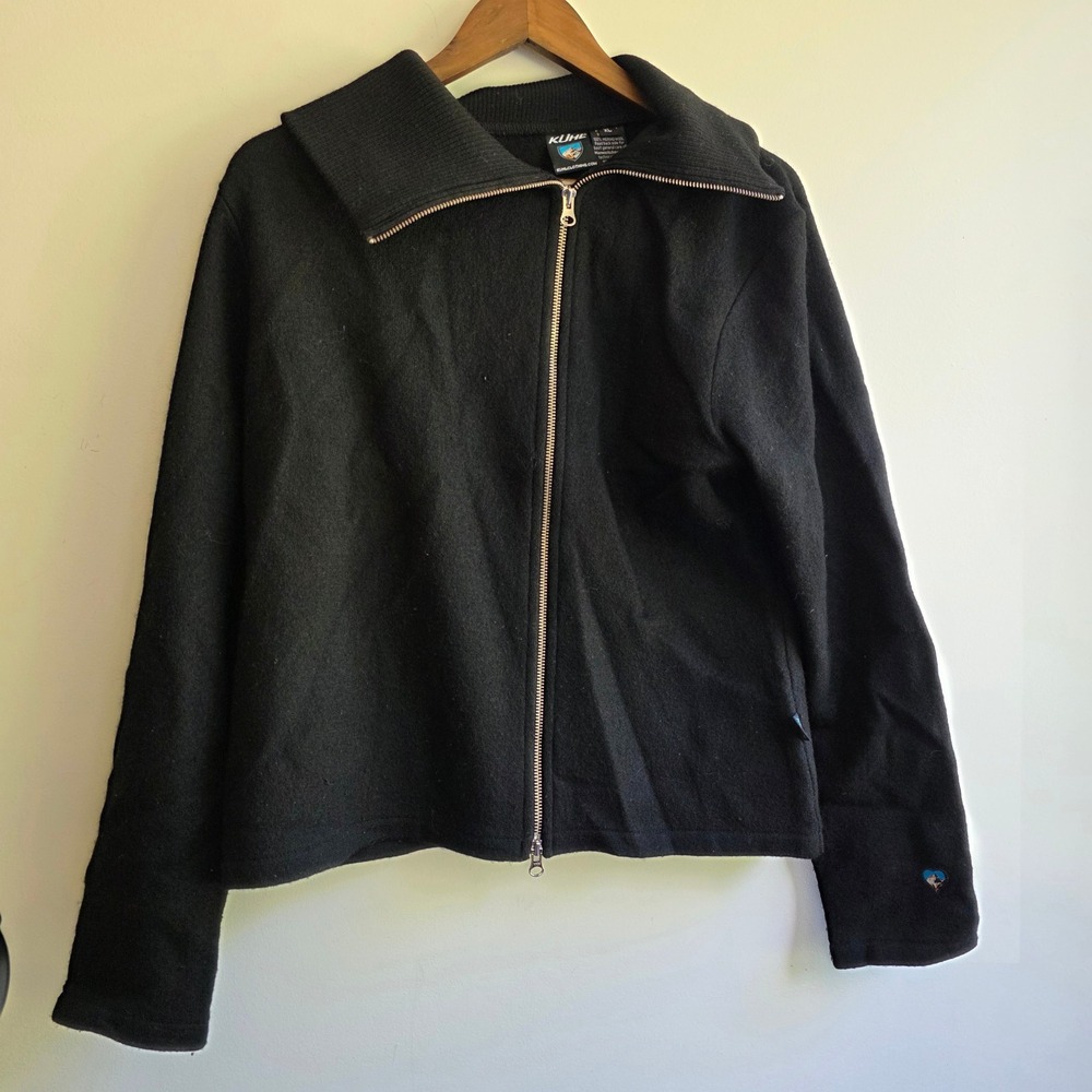 KUHL Merino Wool Full Zip Sweater Jacket Black Ribbed Collar Outdoor XL